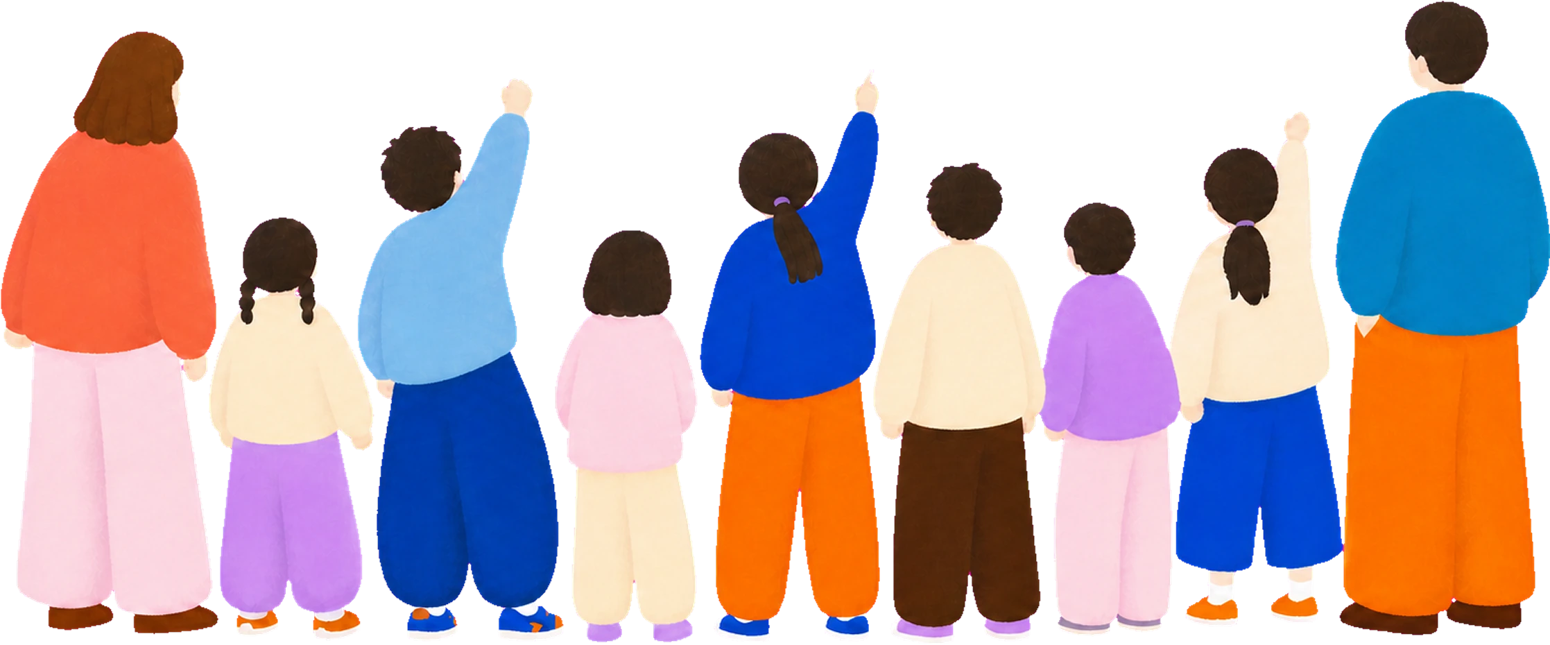 ステージを見上げて手を伸ばす子どもと大人のイラスト